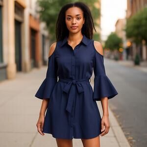 Antonio Melani NWT Women’s 0 Midnight Blue Bell Sleeve Shirt Dress Cocktail